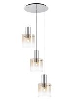Brandroot 50cm Round Pendant, 3 Light Adjustable E27, Polished Nickel/Black/Amber Fade Glass