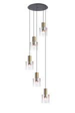 Brandroot 65cm Round Pendant, 5 Light Adjustable E27, Brass/Sand Black/Iridescent Fade Glass