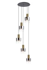 Brandroot 65cm Round Pendant, 5 Light Adjustable E27, Brass/Sand Black/Smoke Fade Glass