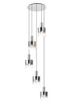 Brandroot 65cm Round Pendant, 5 Light E27, Polished Nickel/Black/Smoke Fade Glass