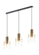 Brandroot Linear Pendant, 3 Light Adjustable E27, Brass/Sand Black/Amber Fade Glass