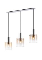 Brandroot Linear Pendant, 3 Light Adjustable E27, Polished Nickel/Black/Amber Fade Glass