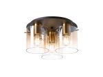 Brandroot 37cm Round Ceiling Flush, 3 Light Flush Fitting, Brass/Sand Black/Amber Fade Glass