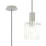 Brandroot Ribbed 21cm Single Pendant, 1 Light Adjustable E27, Beige Stone/Frosted/Clear Wide Line Glass