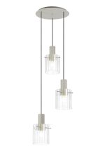 Brandroot Ribbed 49.5cm Round Pendant, 3 Light Adjustable E27, Beige Stone/Clear Wide Line Glass