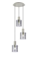Brandroot Ribbed 49.5cm Round Pendant, 3 Light Adjustable E27, Beige Stone/Smoke Wide Line Glass
