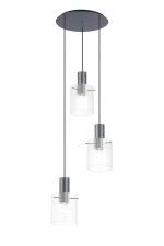 Brandroot Ribbed 49.5cm Round Pendant, 3 Light Adjustable E27, Dark Grey/Clear Narrow Line Glass
