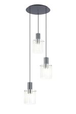 Brandroot Ribbed 49.5cm Round Pendant, 3 Light Adjustable E27, Dark Grey/Frosted/Clear Wide Line Glass