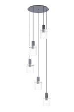 Brandroot Ribbed 66cm Round Pendant, 5 Light Adjustable E27, Dark Grey/Clear Narrow Line Glass