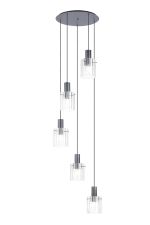 Brandroot Ribbed 66cm Round Pendant, 5 Light Adjustable E27, Dark Grey/Clear Wide Line Glass