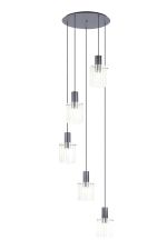 Brandroot Ribbed 66cm Round Pendant, 5 Light Adjustable E27, Dark Grey/Frosted/Clear Wide Line Glass