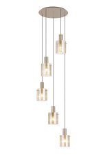 Brandroot Ribbed 66cm Round Pendant, 5 Light Adjustable E27, Light Gold/Amber Wide Line Glass