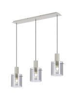 Brandroot Ribbed Linear Pendant, 3 Light Adjustable E27, Beige Stone/Smoke Narrow Line Glass