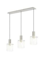 Brandroot Ribbed Linear Pendant, 3 Light Adjustable E27, Beige Stone/Frosted/Clear Wide Line Glass