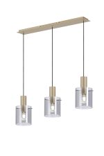 Brandroot Ribbed Linear Pendant, 3 Light Adjustable E27, Light Gold/Smoke Narrow Line Glass