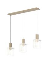 Brandroot Ribbed Linear Pendant, 3 Light Adjustable E27, Light Gold/Frosted/Clear Wide Line Glass