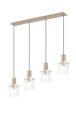 Brandroot Ribbed Linear Pendant, 4 Light Adjustable E27, Light Gold/Clear Wide Line Glass
