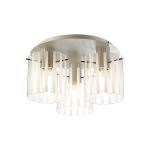 Brandroot Ribbed 41cm Round Ceiling Flush, 3 Light Flush Fitting E27, Beige Stone/Frosted/Clear Wide Line Glass