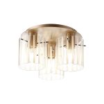 Brandroot Ribbed 41cm Round Ceiling Flush, 3 Light Flush Fitting E27, Light Gold/Frosted/Clear Wide Line Glass