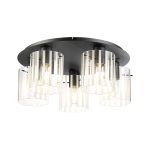 Brandroot Ribbed 56cm Round Ceiling Flush, 5 Light Flush Fitting E27, Dark Grey/Frosted/Clear Wide Line Glass