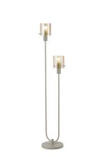 Brandroot Ribbed Stepped Floor Lamp, 2 Light E27, Beige Stone/Amber Wide Line Glass
