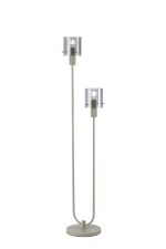 Brandroot Ribbed Stepped Floor Lamp, 2 Light E27, Beige Stone/Smoke Wide Line Glass