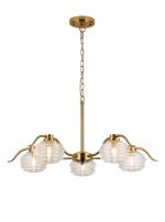 Corte 80cm 5 Light Multi Arm Pendant/Semi Flush With 160mm Glass, Brass/Clear