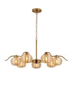 Corte 86cm 7 Light Multi Arm Pendant/Semi Flush With 160mm Glass, Brass/Amber