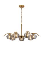 Corte 86cm 7 Light Multi Arm Pendant/Semi Flush With 160mm Glass, Brass/Smoke