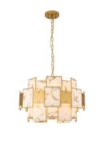 Houlte 59cm Round Pendant/Semi Flush Faux Alabaster & Metal, 12 x E14, 1.5m Chain, Gold/Grey