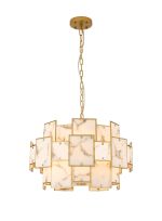 Houlte 59cm Round Pendant/Semi Flush Faux Alabaster, 12 x E14, 1.5m Chain, Gold/Grey