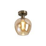 Cawdor Flush Fitting, 1 Light E27, Antique Brass/Amber Wine Glass