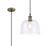 Cawdor Single Pendant, 1 Light E27, Antique Brass/Black/Clear Cloche Glass