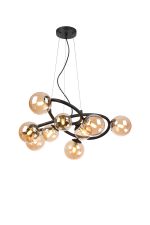 Monza 70cm Twisted Pendant, 9 x G9, Satin Black, Amber Plated Glass