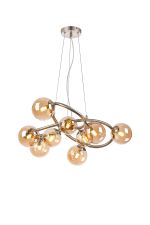 Monza 70cm Twisted Pendant, 9 x G9, Satin Nickel, Amber Plated Glass
