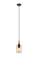 Rada 10cm 1.5m Single Pendant With 10x13.5cm Cylinder Glass, 1 Light E14, IP44, Black/Brass Gold/Amber