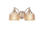 Arvo Switched Double Wall Light, 2 Light E27 Satin Nickel/Amber Glass