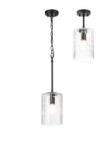 Dupa 18cm Satin Black Pendant/Semi Flush/Semi Flush 1 x E27 With Cylinder Ribbed Glass (A)