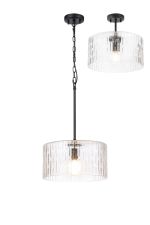 Dupa 38cm Satin Black Pendant/Semi Flush/Semi Flush 1 x E27 With Drum Ribbed Glass (B)