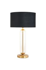 Zara Tubular Table Lamp, 1 Light E27, Brass Gold/Clear Glass/Black/Prosecco 40cm Velvet Shade