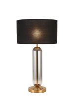 Zara Tubular Table Lamp, 1 Light E27, Brass Gold/Smoke Fade Glass/Black 40cm Linen Shade
