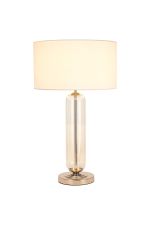 Zara Tubular Table Lamp, 1 Light E27, Polished Nickel/Clear Glass/Ivory 40cm Faux Silk Shade