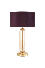 Zara Tubular Table Lamp, 1 Light E27, Satin Gold/Cognac Glass/Aubergine 40cm Velvet Shade