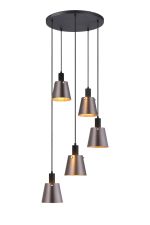 Tera 53cm Round Pendant With 16cm x 14cm Shade, 5 Light E27, Sand Black/Brown/Copper Metal Shade