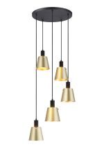 Tera 53cm Round Pendant With 16cm x 14cm Shade, 5 Light E27, Sand Black/Brass/Gold Metal Shade