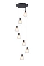 Tera 58cm Round Pendant With 16cm x 14cm Shade, 7 Light E27, Sand Black/Frosted White Glass Shade