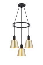 Tera 48cm Ring Pendant With 16cm x 14cm Shade, 3 Light E27, Sand Black/Brass/Gold Metal Shade