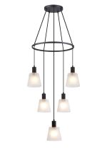 Tera 61cm Ring Pendant With 16cm x 14cm Shade, 5 Light E27, Sand Black/Frosted White Glass Shade
