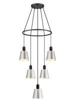 Tera 61cm Ring Pendant With 16cm x 14cm Shade, 5 Light E27, Sand Black/Light Grey/Silver Metal Shade