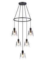 Tera 61cm Ring Pendant With 16cm x 14cm Shade, 5 Light E27, Sand Black/Smoke Faded Glass Shade